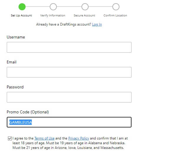 DraftKings login GAMBLEUSA Code