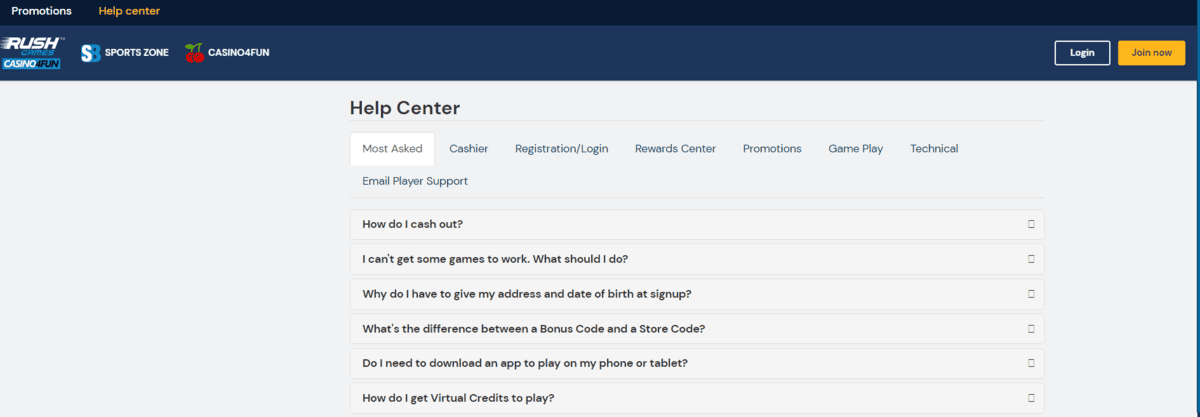 Rush Games Casino4FUN Support