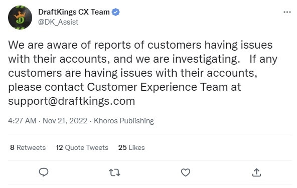 DraftKings service Tweet