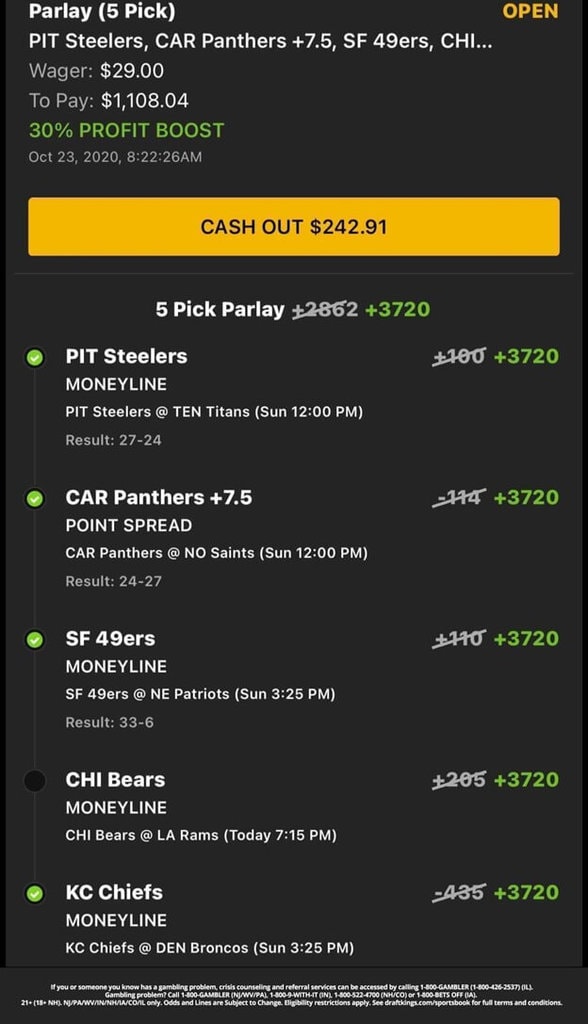 DraftKings Cash Out Example