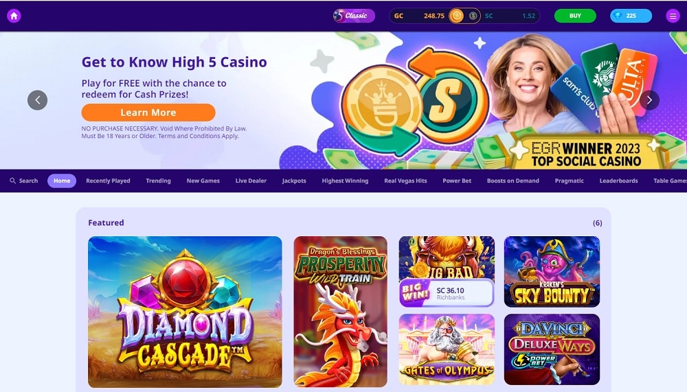 High 5 Casino homepage